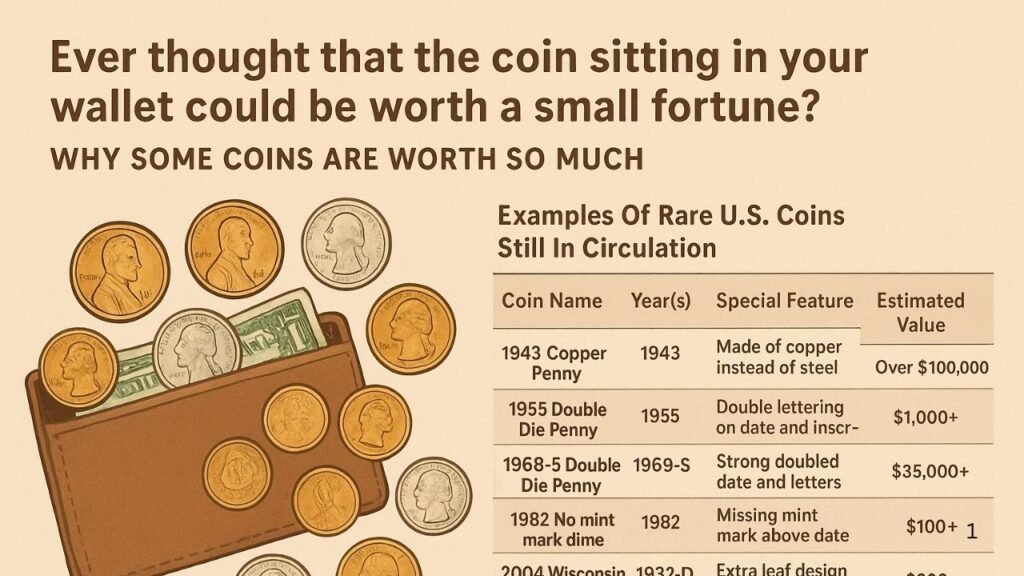 I am provide you my content please generate content related image in 1200x720 "Ever thought that the coin sitting in your wallet could be worth a small fortune? Sounds like a dream, right? Well, in the world of coin collecting, it’s actually possible. Some rare U.S. coins are still floating around in everyday circulation, and if you happen to find one, it could be worth more than a gold bar. Let’s take a closer look. Why Some Coins Are Worth So Much Not all coins are created equal. While most are worth only their face value, a few are rare because of limited minting, historical value, or even mistakes during production. Collectors are willing to pay big money for these rare finds. It’s like winning a mini-lottery, except your ticket is in the form of loose change. What Makes A Coin Rare A rare coin usually has one or more of these features: Very low production numbers. Special mint marks. Errors during minting (like double strikes or missing details). Coins from certain historic years. Think of it like rare stamps or baseball cards—the fewer there are, the more valuable they become. Examples Of Rare U.S. Coins Still In Circulation Some of these coins could be sitting in cash registers, vending machines, or even your pocket right now. Here’s a handy table so you can keep an eye out. Coin Name Year(s) Special Feature Estimated Value 1943 Copper Penny 1943 Made of copper instead of steel Over $100,000 1955 Double Die Penny 1955 Double lettering on date and inscriptions $1,000+ 1969-S Double Die Penny 1969 Strong doubled date and letters $35,000+ 1982 No Mint Mark Dime 1982 Missing mint mark above date $100+ 2004 Wisconsin Extra Leaf Quarter 2004 Extra leaf design on corn husk $300+ 1932-D Washington Quarter 1932 Low mintage, Denver mint mark $1,000+ 1972 Double Die Penny 1972 Doubled inscriptions $300+ How To Spot One Finding these coins is all about paying attention. Here’s what you can do: Check dates closely. Look for strange marks or doubled letters. Search for unusual colors or metal finishes. It’s a bit like treasure hunting—you need patience, a sharp eye, and sometimes a magnifying glass. Should You Sell Or Keep It? If you find one of these coins, you have two choices: keep it as a collectible or sell it for cash. Collectors often pay more than gold value for coins in great condition. If you’re unsure, take it to a coin dealer for an appraisal. The Excitement Of Coin Hunting Coin hunting is like fishing—you might not catch something big every day, but when you do, it’s worth it. Even if you don’t find a rare coin right away, you’ll start to notice the details of everyday currency in a whole new way. Conclusion Rare U.S. coins are still out there, quietly passing from hand to hand, hidden in wallets, or resting in jars. One lucky discovery could be worth more than a gold bar. So next time you get change, don’t just spend it—inspect it. Who knows? You might already be holding a piece of history."