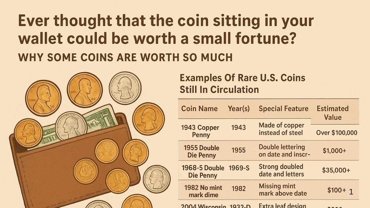 I am provide you my content please generate content related image in 1200x720 "Ever thought that the coin sitting in your wallet could be worth a small fortune? Sounds like a dream, right? Well, in the world of coin collecting, it’s actually possible. Some rare U.S. coins are still floating around in everyday circulation, and if you happen to find one, it could be worth more than a gold bar. Let’s take a closer look. Why Some Coins Are Worth So Much Not all coins are created equal. While most are worth only their face value, a few are rare because of limited minting, historical value, or even mistakes during production. Collectors are willing to pay big money for these rare finds. It’s like winning a mini-lottery, except your ticket is in the form of loose change. What Makes A Coin Rare A rare coin usually has one or more of these features: Very low production numbers. Special mint marks. Errors during minting (like double strikes or missing details). Coins from certain historic years. Think of it like rare stamps or baseball cards—the fewer there are, the more valuable they become. Examples Of Rare U.S. Coins Still In Circulation Some of these coins could be sitting in cash registers, vending machines, or even your pocket right now. Here’s a handy table so you can keep an eye out. Coin Name Year(s) Special Feature Estimated Value 1943 Copper Penny 1943 Made of copper instead of steel Over $100,000 1955 Double Die Penny 1955 Double lettering on date and inscriptions $1,000+ 1969-S Double Die Penny 1969 Strong doubled date and letters $35,000+ 1982 No Mint Mark Dime 1982 Missing mint mark above date $100+ 2004 Wisconsin Extra Leaf Quarter 2004 Extra leaf design on corn husk $300+ 1932-D Washington Quarter 1932 Low mintage, Denver mint mark $1,000+ 1972 Double Die Penny 1972 Doubled inscriptions $300+ How To Spot One Finding these coins is all about paying attention. Here’s what you can do: Check dates closely. Look for strange marks or doubled letters. Search for unusual colors or metal finishes. It’s a bit like treasure hunting—you need patience, a sharp eye, and sometimes a magnifying glass. Should You Sell Or Keep It? If you find one of these coins, you have two choices: keep it as a collectible or sell it for cash. Collectors often pay more than gold value for coins in great condition. If you’re unsure, take it to a coin dealer for an appraisal. The Excitement Of Coin Hunting Coin hunting is like fishing—you might not catch something big every day, but when you do, it’s worth it. Even if you don’t find a rare coin right away, you’ll start to notice the details of everyday currency in a whole new way. Conclusion Rare U.S. coins are still out there, quietly passing from hand to hand, hidden in wallets, or resting in jars. One lucky discovery could be worth more than a gold bar. So next time you get change, don’t just spend it—inspect it. Who knows? You might already be holding a piece of history."